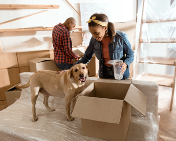 couple and dog with moving boxes