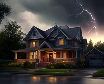 home surrounded by dark skies and lightning
