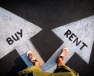 buy and rent written in arrows with feet standing over them